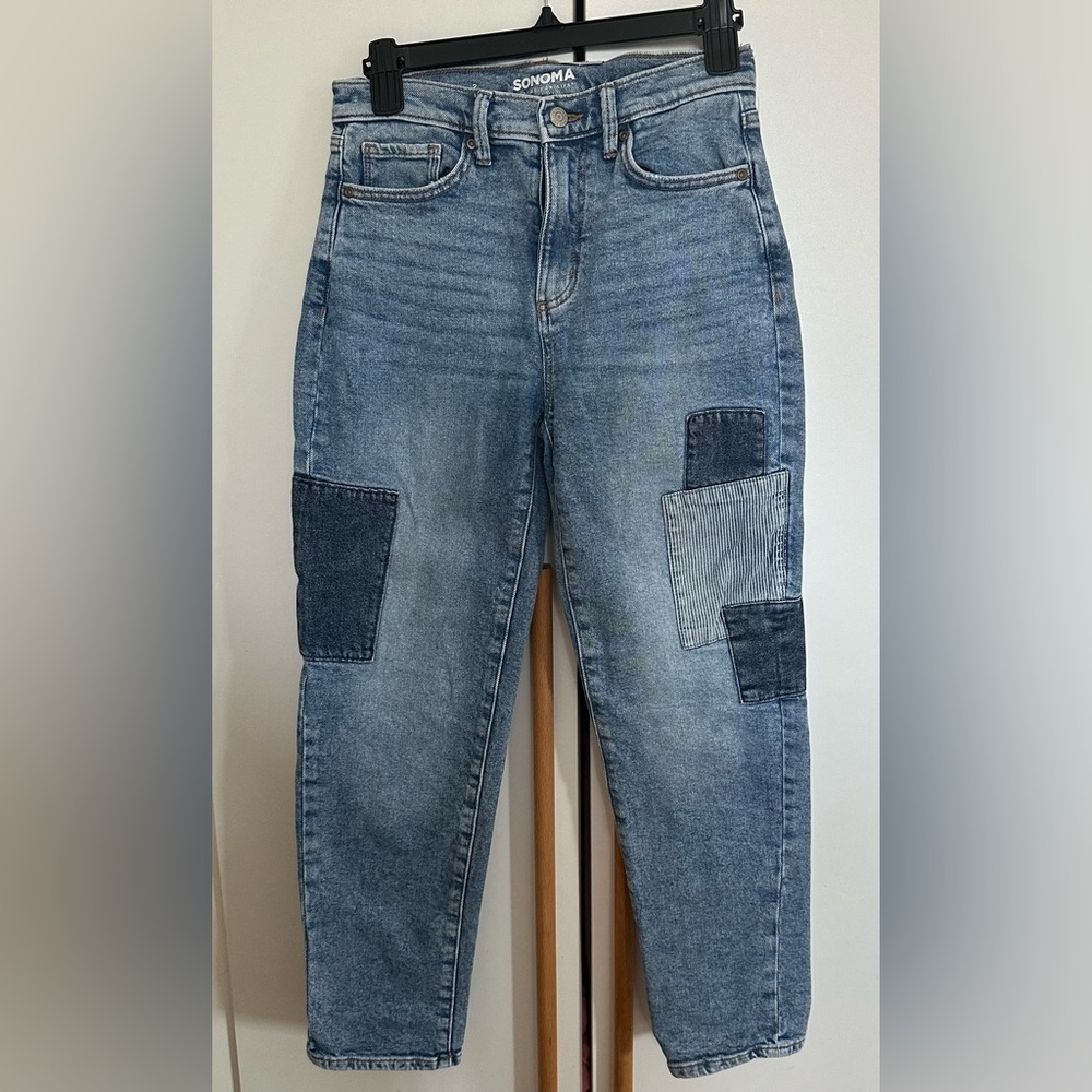 SONOMA Women’s High Waisted Boyfriend Patchwork Blue Jeans Size 2